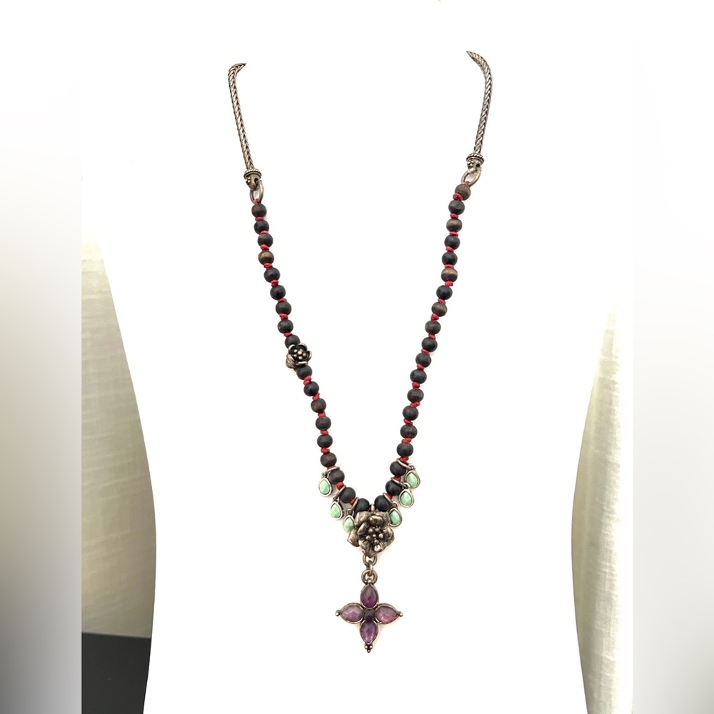 Lucky Brand Beaded Necklace Floral Charm Silver Tone Purple Bohemian - Picture 4 of 14